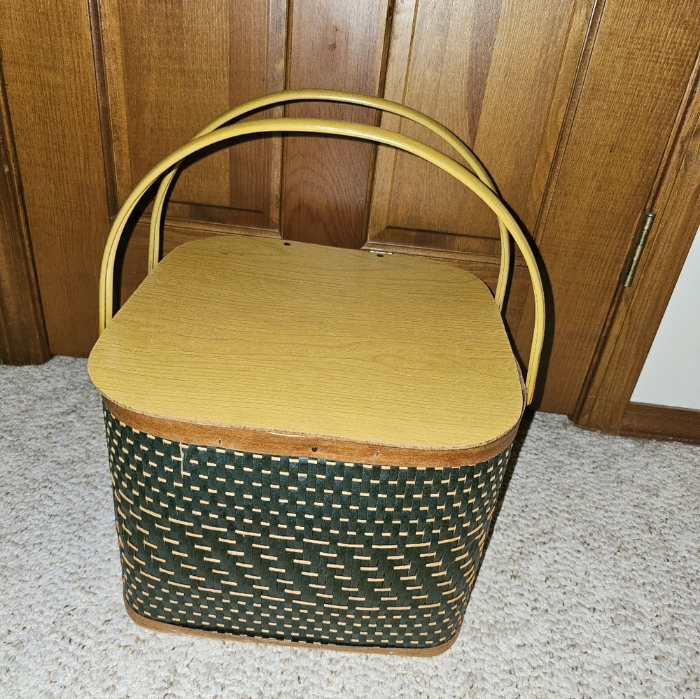 Vintage Green Woven Picnic Basket with Wooden Lid and Yellow Metal Handles